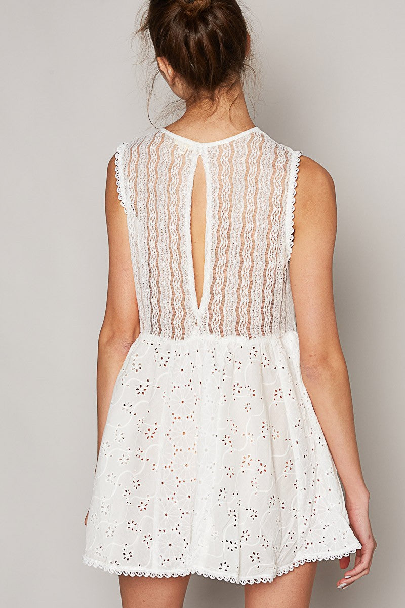 POL Embroidered Round Neck Sleeveless Woven Tunic Top