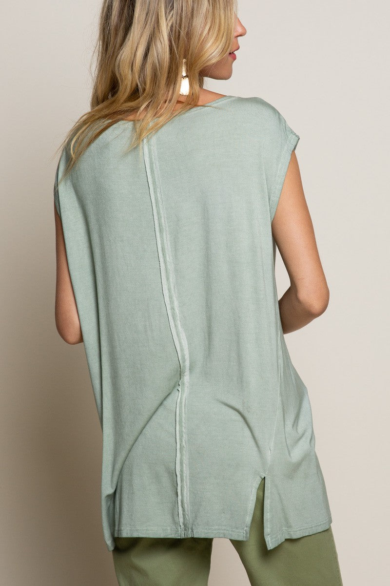 POL Asymmetrical Exposed Seams Sleeveless Edged Pocket Slit Top