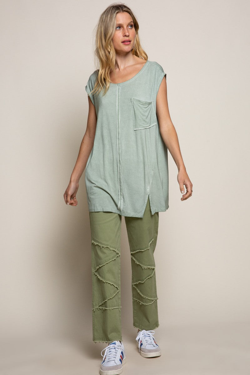 POL Asymmetrical Exposed Seams Sleeveless Edged Pocket Slit Top