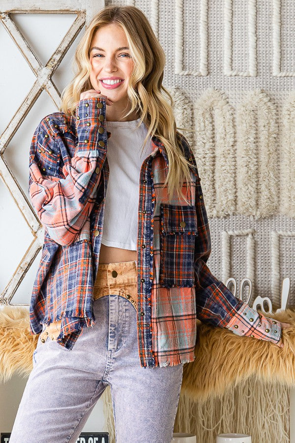 Oli & Hali Daisy Trimmed Washed Plaid Mixed Shirt Top