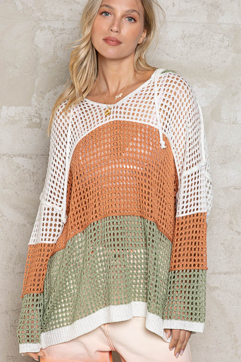 POL Color Block Oversize Open Knit Dumpy Hood Sweater Top