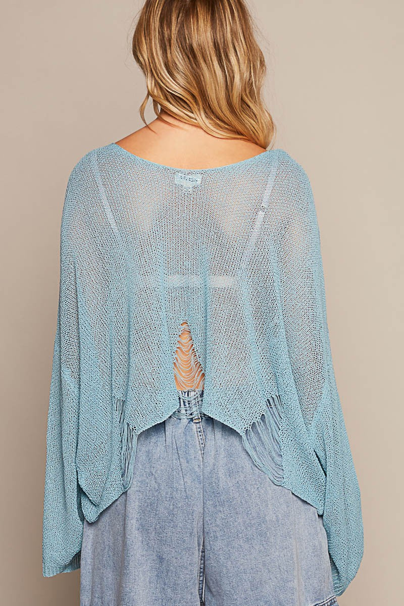 POL Long Sleeve Distress Flower Patches Pullover Top