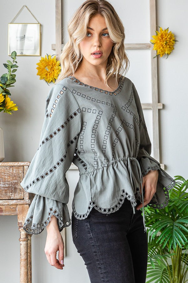 Oli & Hali Embroidered Washed Scallop Edge Top