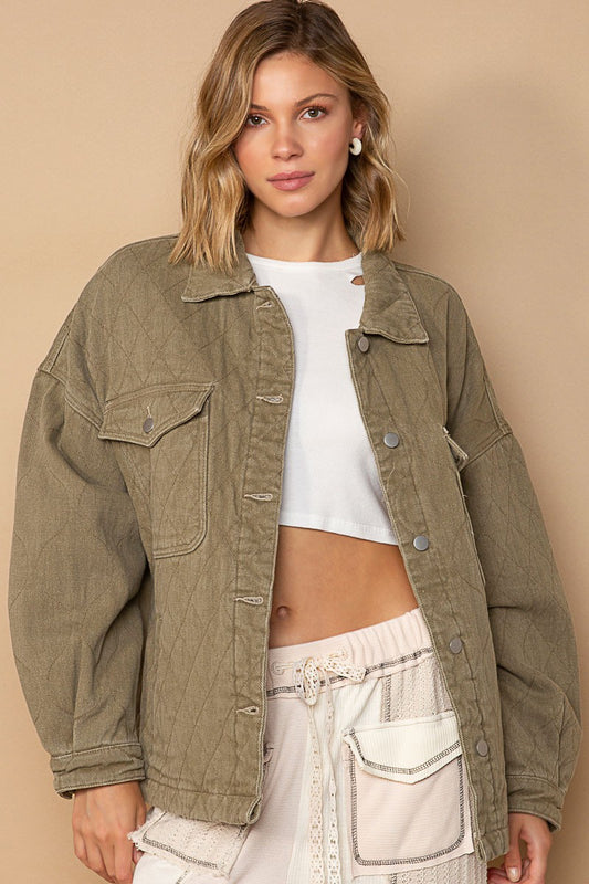 POL Long Sleeve Relaxed Fit Quilted Twill Button Down Jacket - Roulhac Fashion Boutique