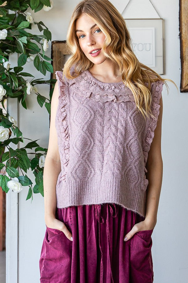 Oli & Hali Cable Knit Sweater Vest With Lace Trim Top