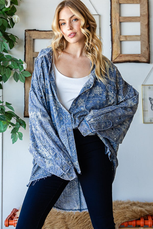 Oli & Hali Scarf Print Button Front Shirt Top