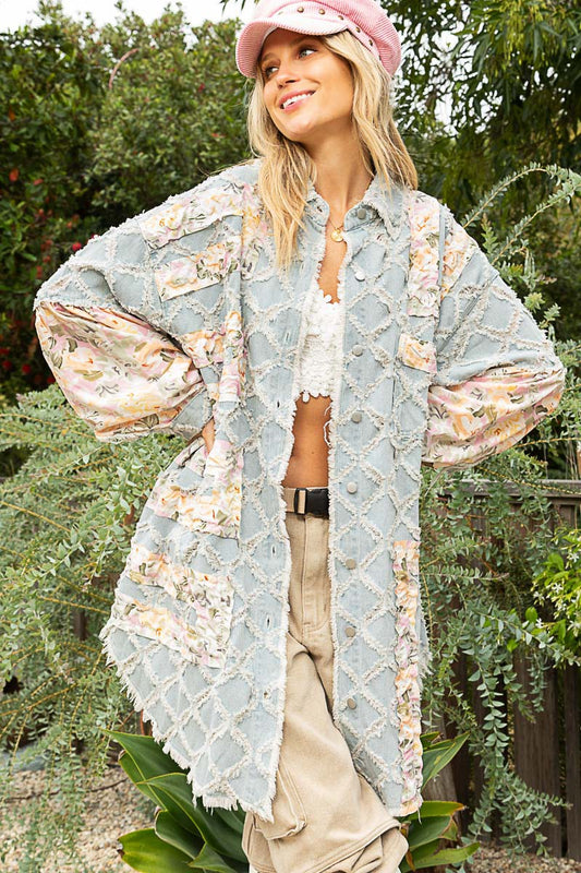 POL Floral Print Frayed Texture Button Down Long Sleeves Shacket - Roulhac Fashion Boutique