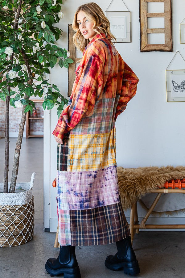 Oli & Hali Washed Plaid Mix Shirt Duster Jacket