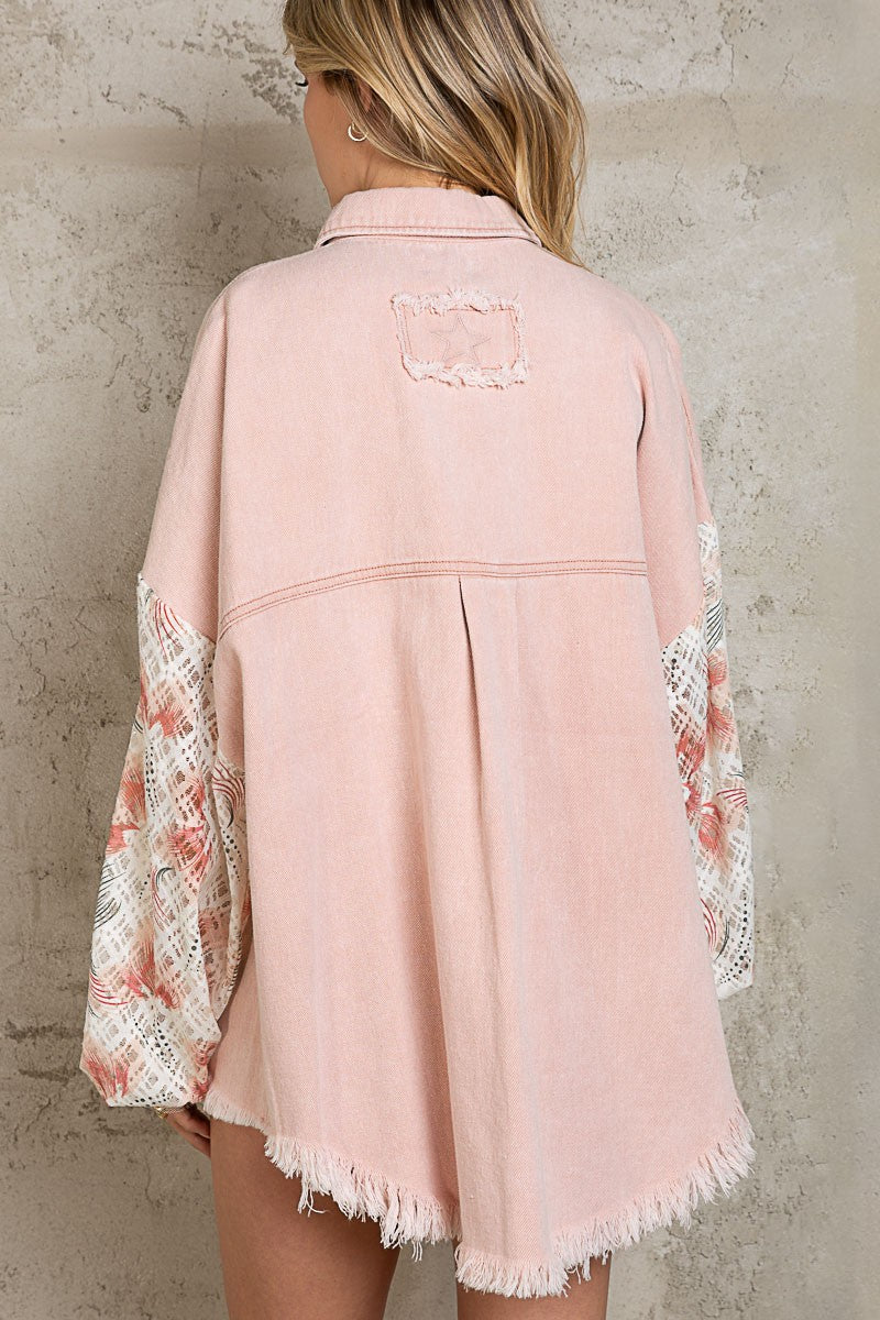 POL Oversize Printed Contrast Lace Sleeve Smock Button Down Shacket - Roulhac Fashion Boutique