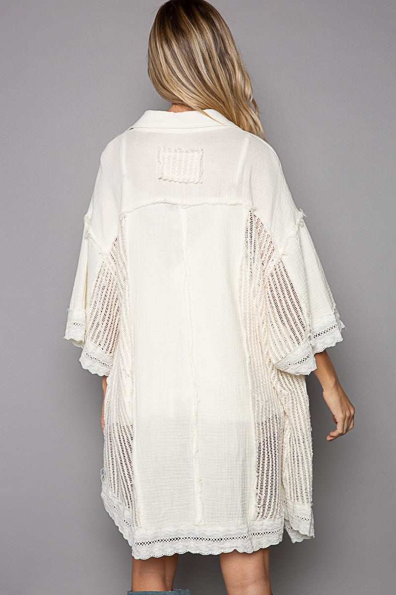 POL Oversize Short Sleeves Openweaving Contrast Shacket Top