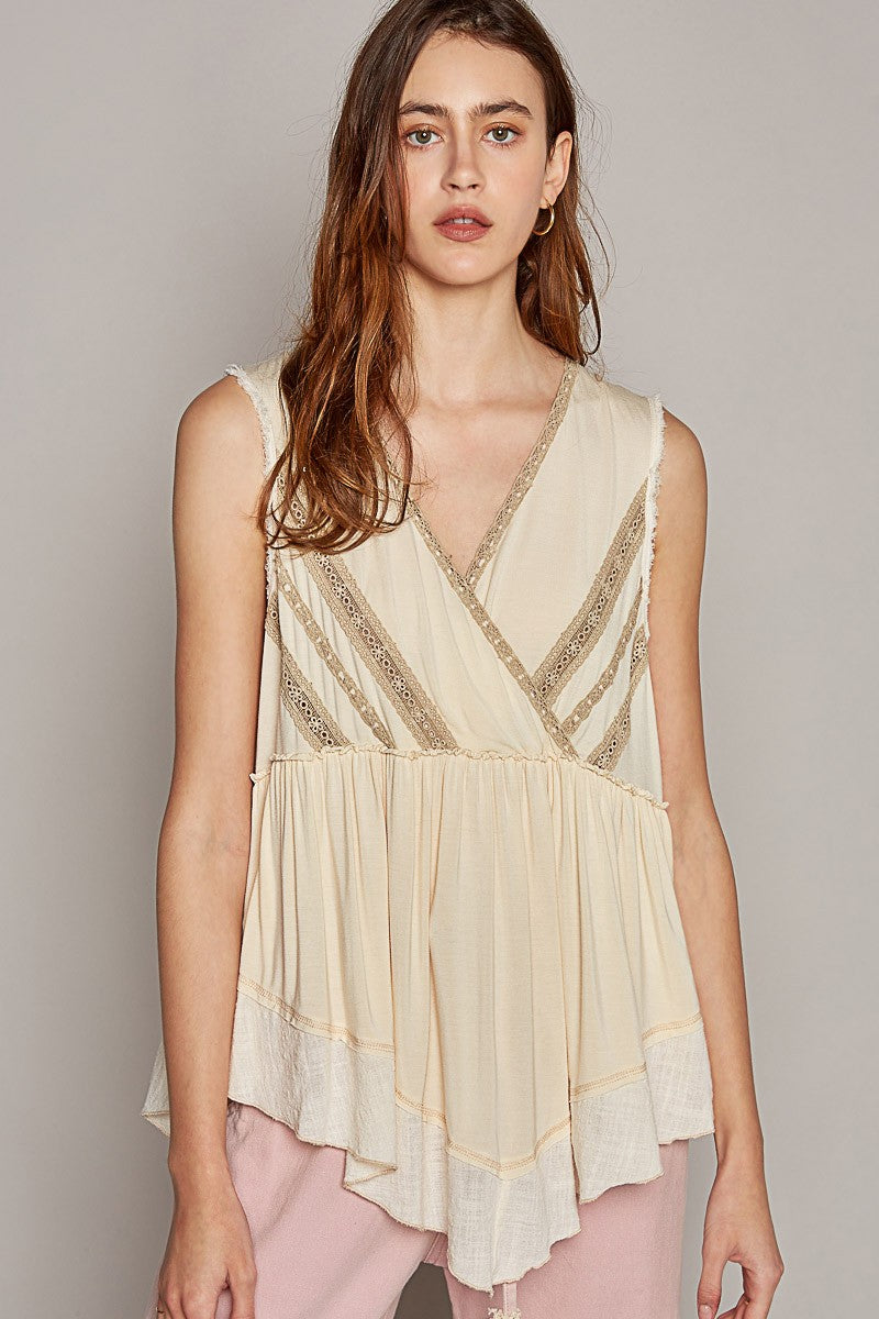 POL Overlay Neck Sleeveless Lace Trim Solid Knit Top