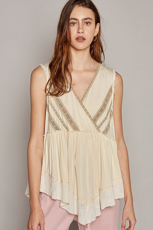 POL Overlay Neck Sleeveless Lace Trim Solid Knit Top