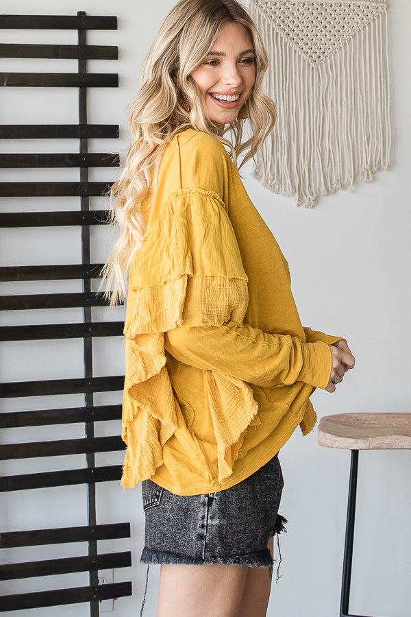 Oli & Hali Mineral Washed Ruffle Detail Sleeves Solid Top
