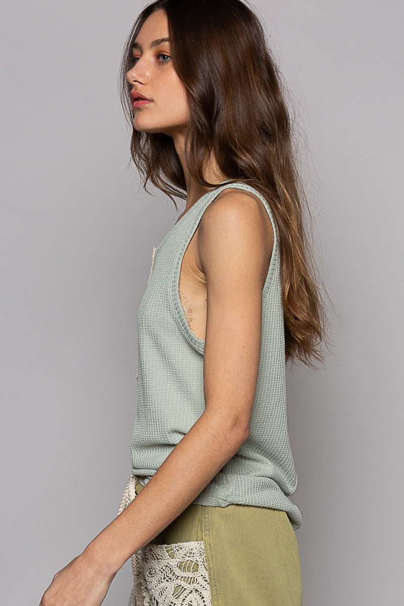 POL Button Down Henly Neck Solid Thermal Sleeveless Top