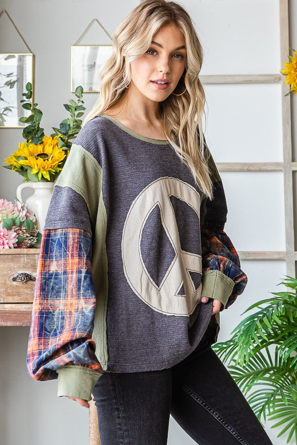 Oli & Hali Peace Applique Plaid Sleeve Pullover Top
