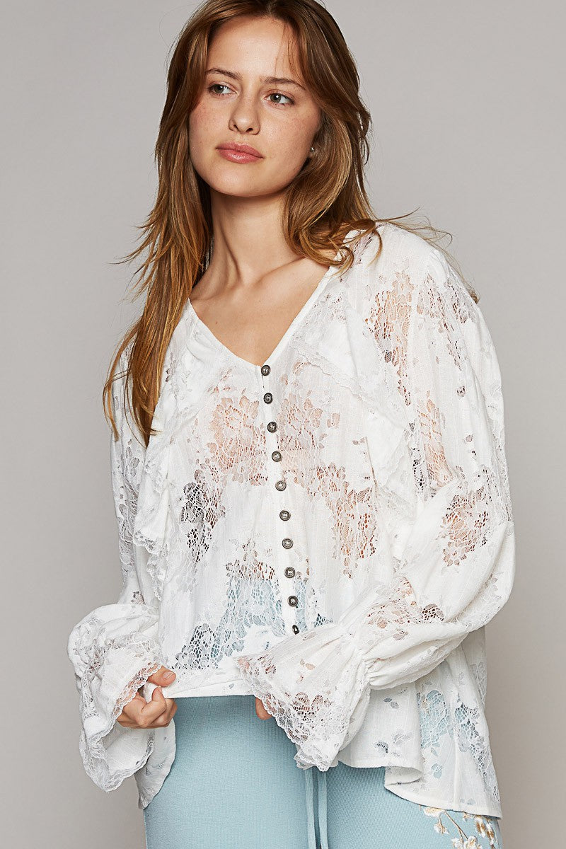POL Long Balloon Sleeve V Neck Front Ruffle Woven Top