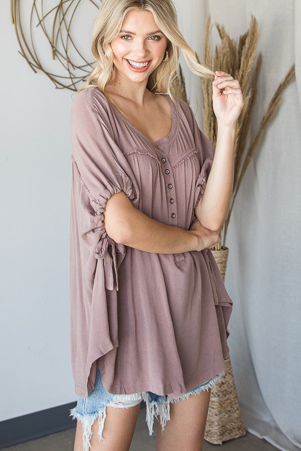 Oli & Hali Mineral Washed Shirred Front Button Down Top