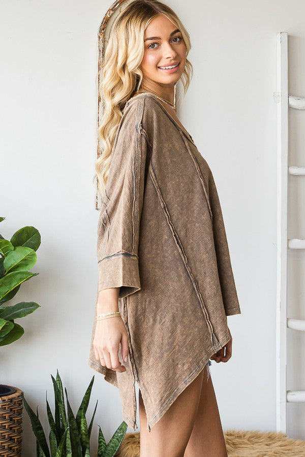 Oli & Hali V Neck Oversized Mineral Washing Top