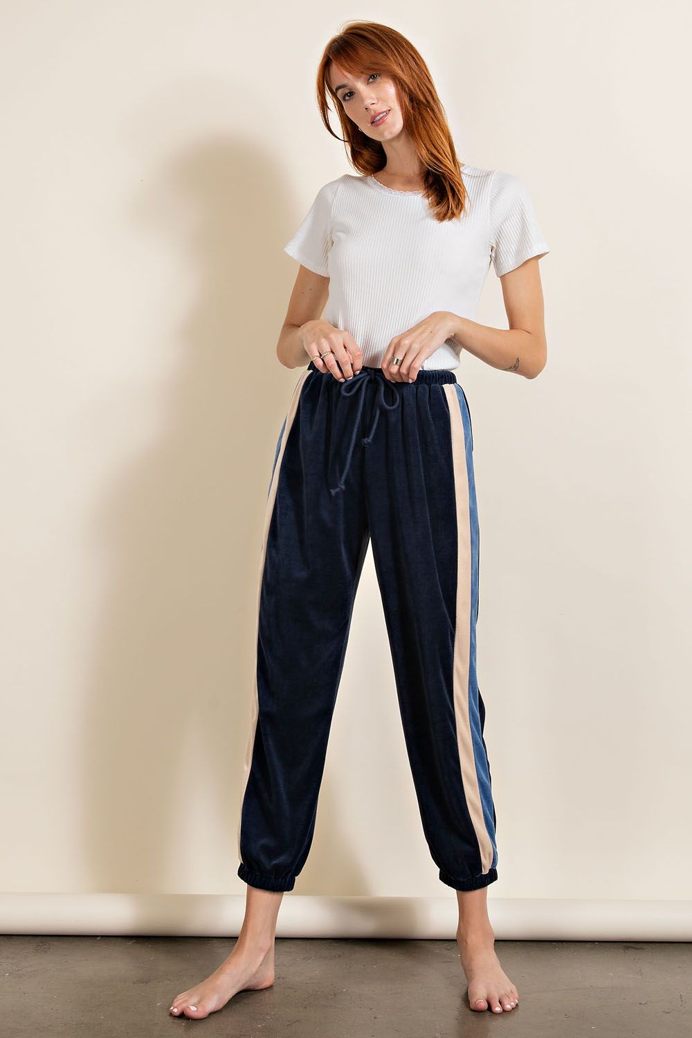 Easel Elastic Waistband Straight Legs Velour Cuffs Jogging Pants