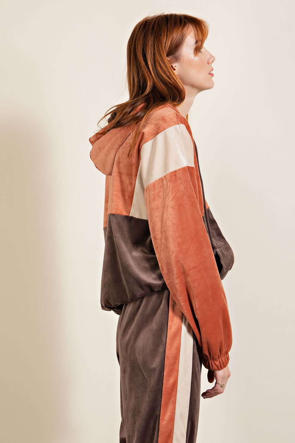 Easel Drawstring Hood Zip Fly Loose Fit Color Blocked Velour Zip Up Hoodie - Roulhac Fashion Boutique