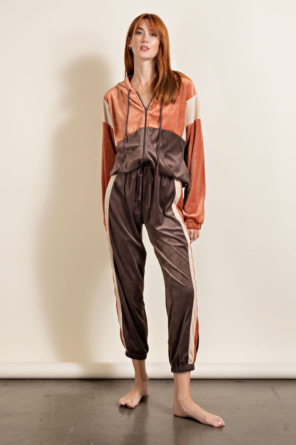 Easel Drawstring Hood Zip Fly Loose Fit Color Blocked Velour Zip Up Hoodie - Roulhac Fashion Boutique