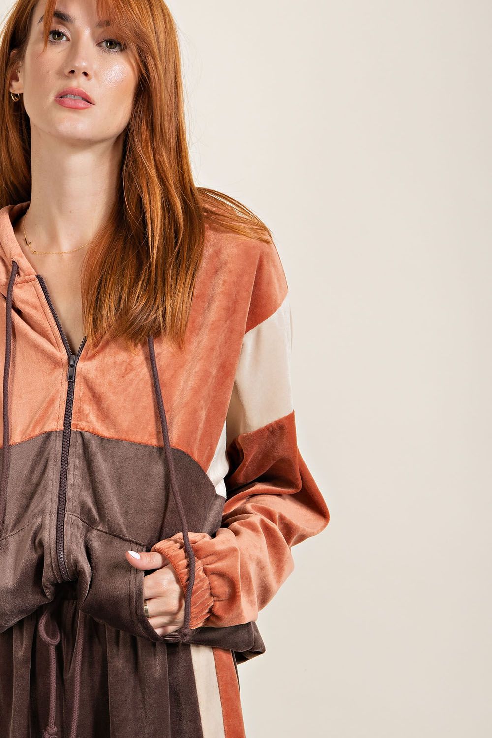 Easel Drawstring Hood Zip Fly Loose Fit Color Blocked Velour Zip Up Hoodie - Roulhac Fashion Boutique