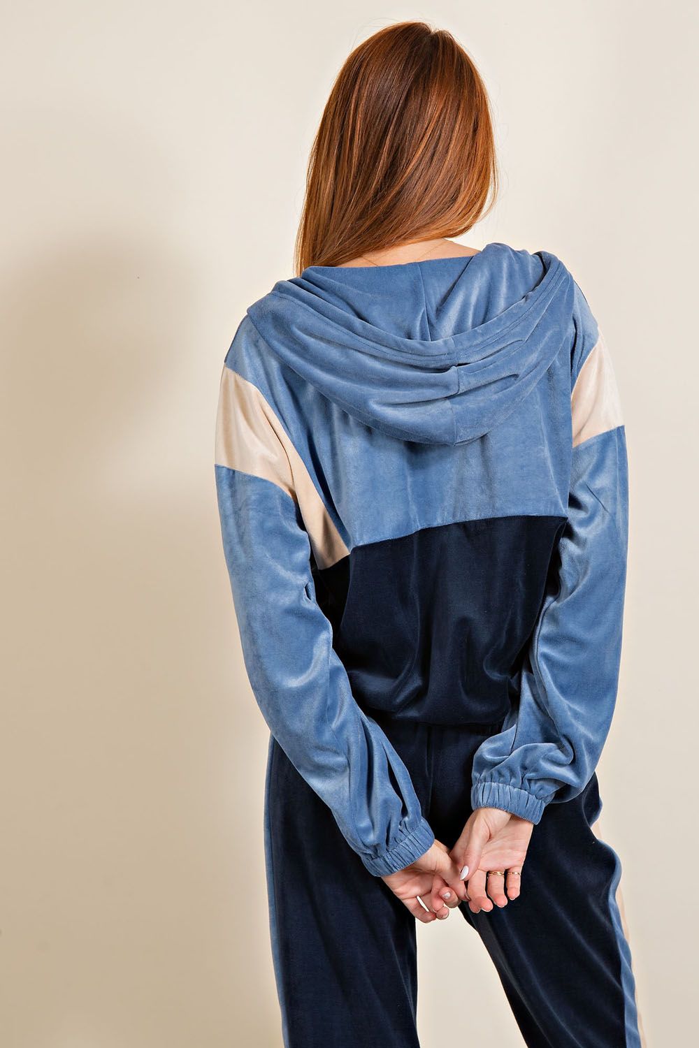 Easel Drawstring Hood Zip Fly Loose Fit Color Blocked Velour Zip Up Hoodie