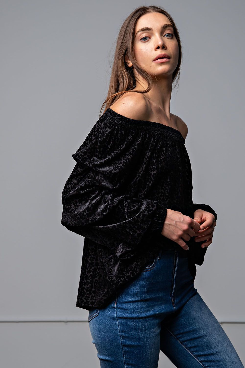 Easel Burnout Velvet Off Shoulder Elasticized Neck Slouchy Fit Top - Roulhac Fashion Boutique