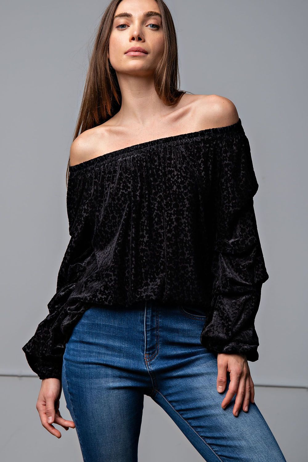 Easel Burnout Velvet Off Shoulder Elasticized Neck Slouchy Fit Top - Roulhac Fashion Boutique
