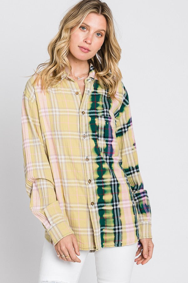Oli & Hali Bleached Detail Front Pocket Plaids Top