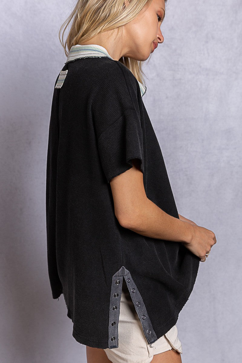 POL Casual Knit Half Sleeve Oversized Fit Side Slit Polo Top - Roulhac Fashion Boutique