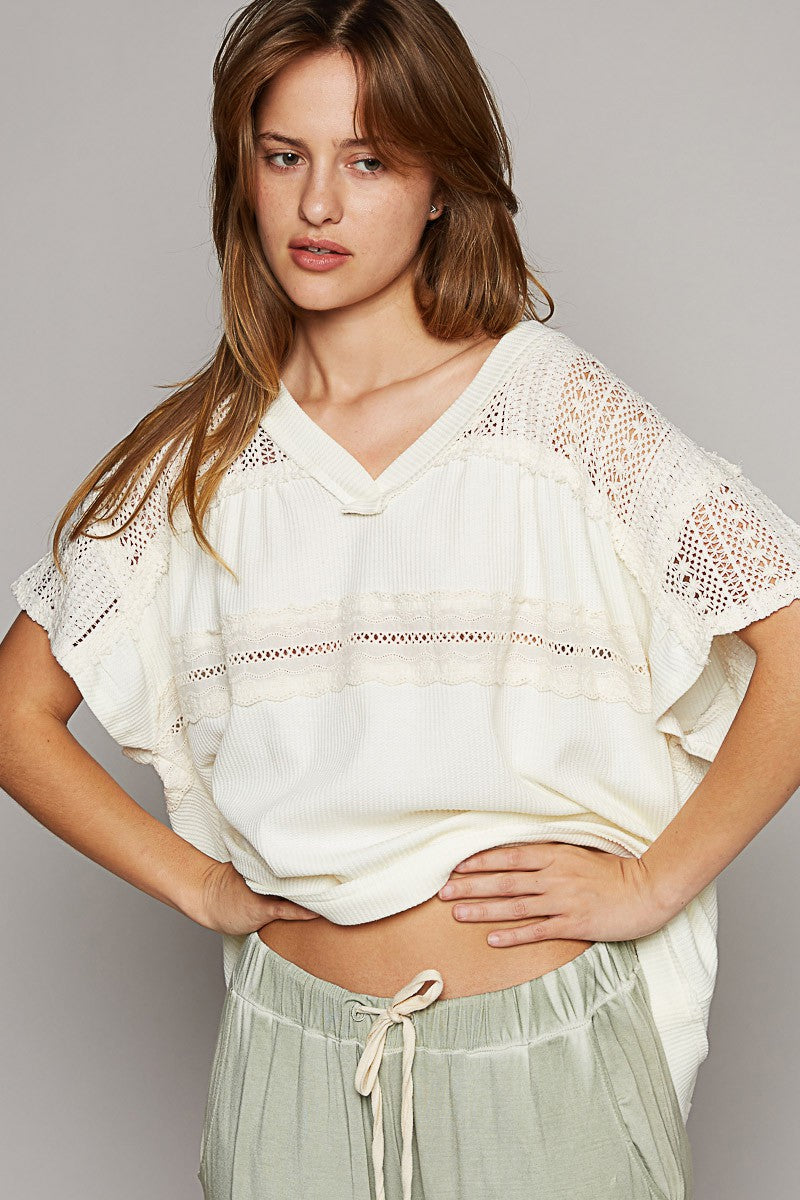 POL Oversize V-Neck Short Sleeve Crochet Trim Knit Top