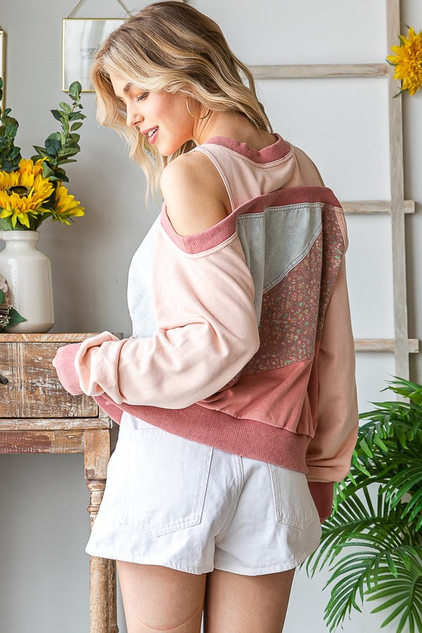 Oli & Hali Washed Fabric Mixed Cutout Shoulder Tunic Top