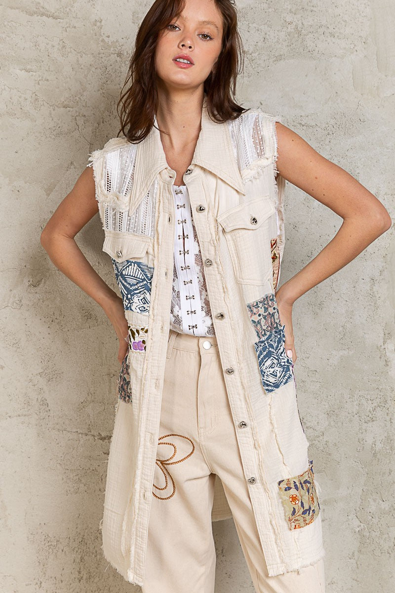 POL Sleeveless Button Down Patch Gauze Frayed Edge Dress Top Jacket