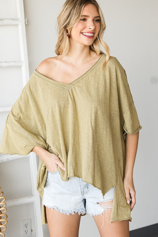 Oli & Hali Mineral Washed V Neck Boxy Raw Hem Tee Top