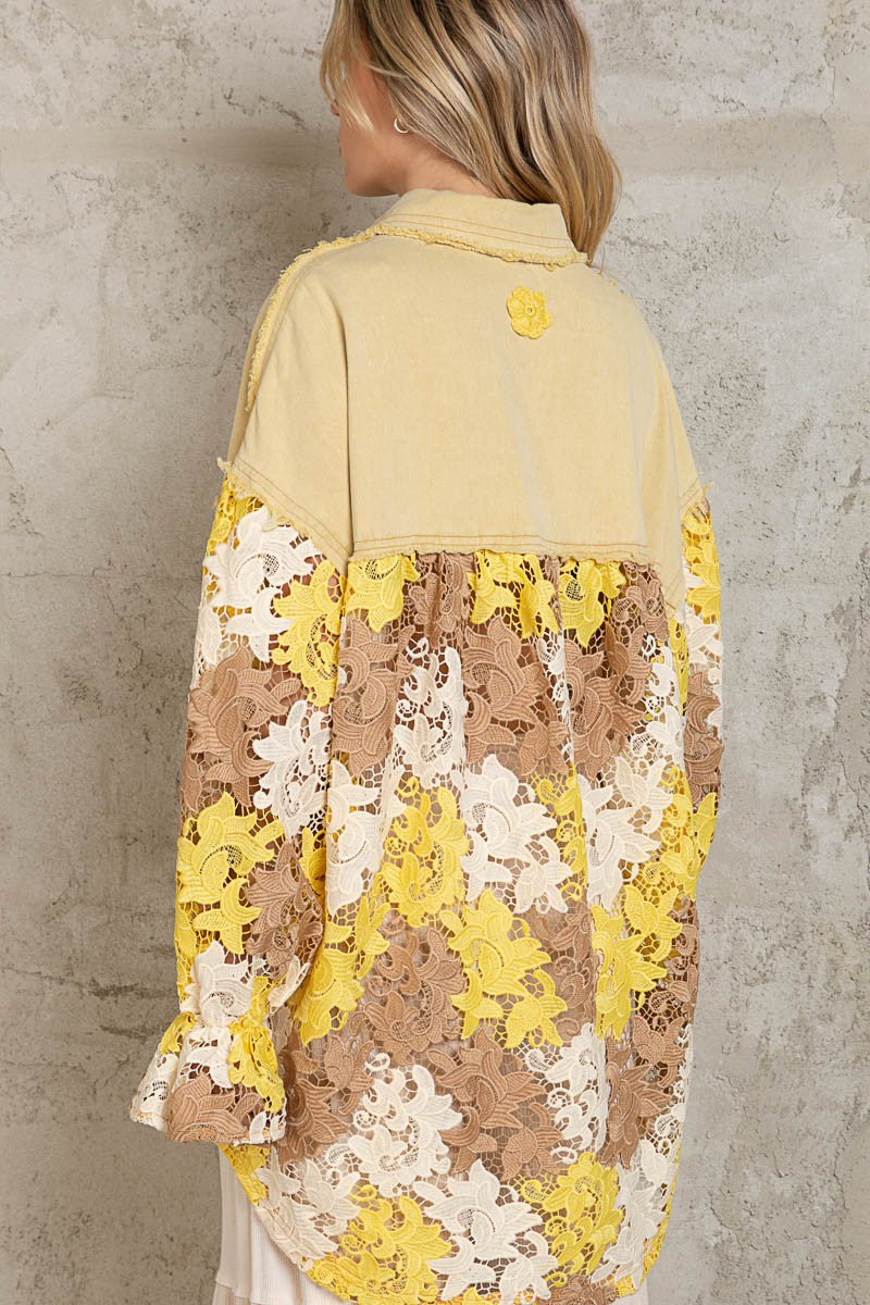 POL  Lace Crochet Pattern Button Down Contrast Shacket Top