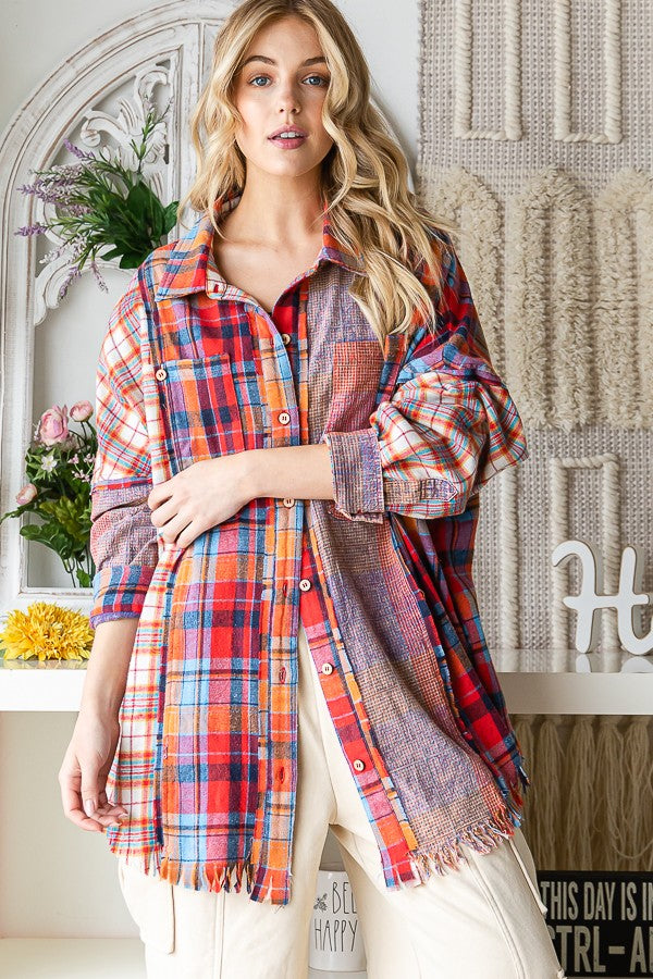 Oli & Hali Washed Plaid Mixed Buttondwon Shirt Jacket