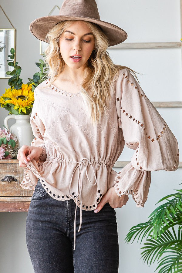 Oli & Hali Embroidered Washed Scallop Edge Top