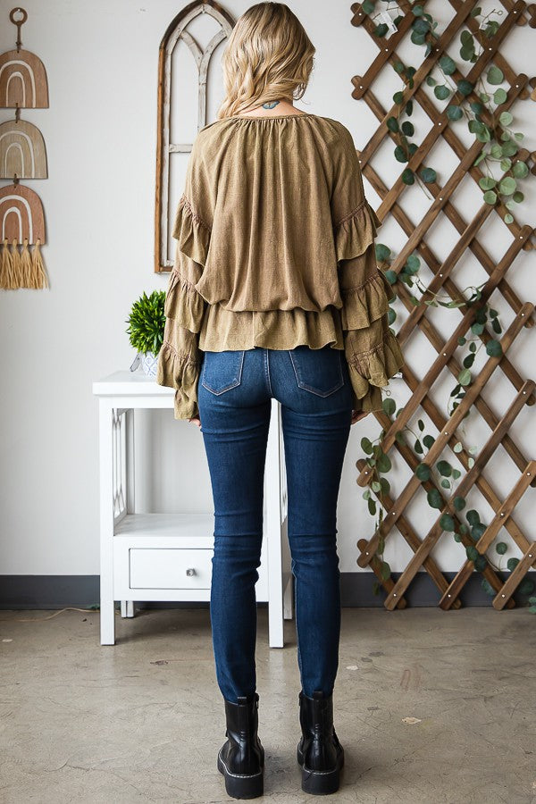 Oli & Hali Washed Ruffle Sleeve Peplum Top