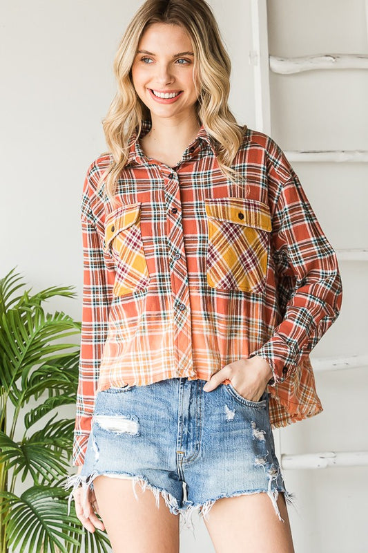 Oli & Hali Plaid Tie Breach Washed-Shirts-Button Closure Top