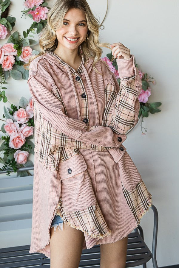 Oli & Hali Mineral Washed Plaid Contrast Waffle Hoodie Jacket