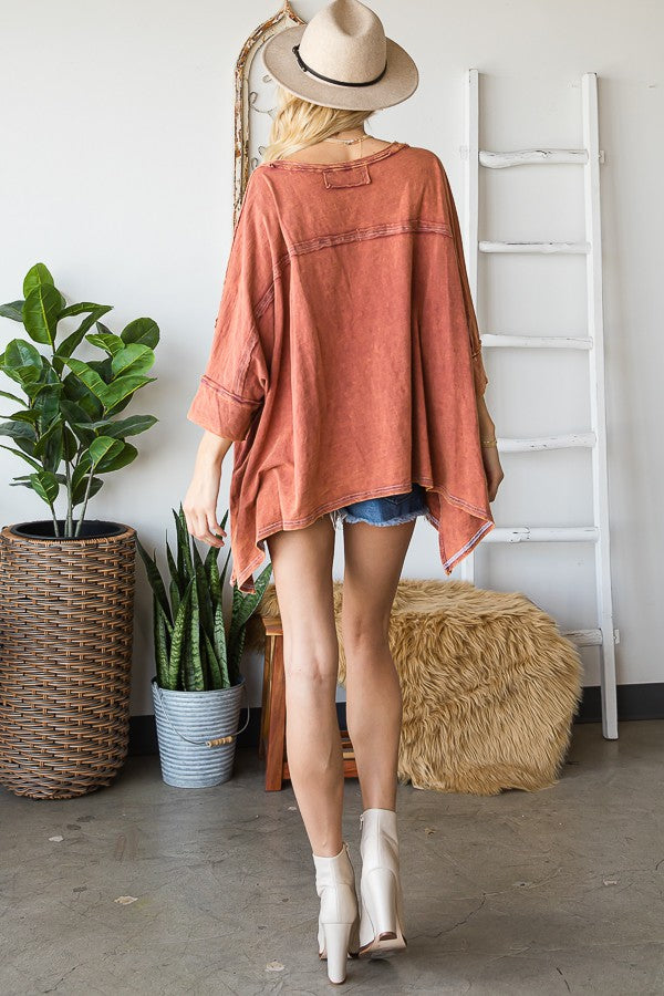 Oli & Hali V Neck Oversized Mineral Washing Top