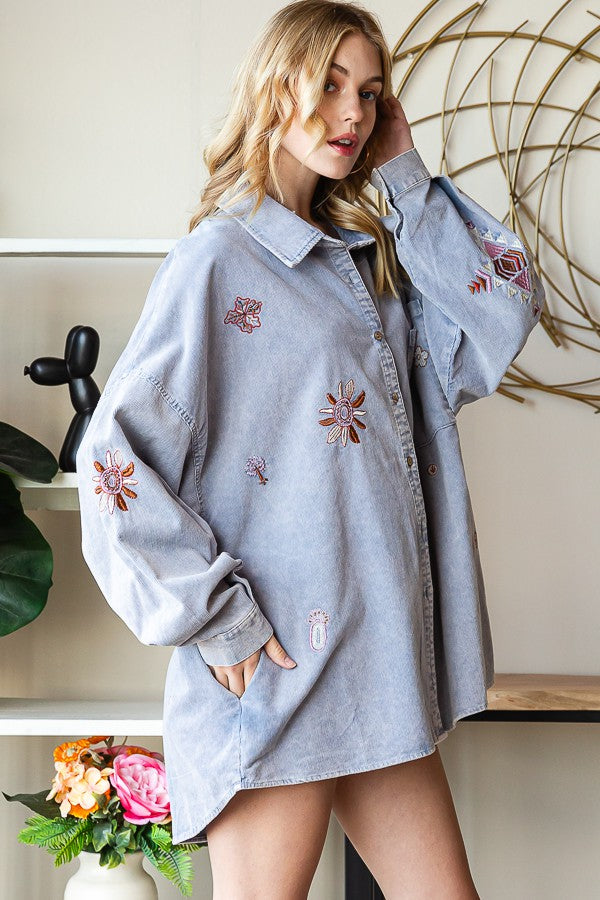 Oli & Hali Washed Embroidery Pincorduroy Shirt Top