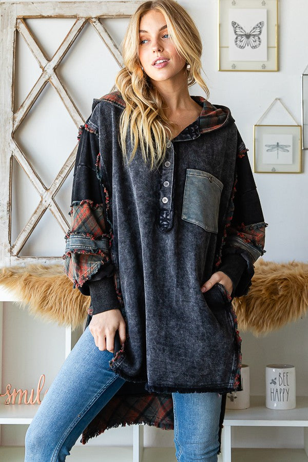 Oli & Hali Washed Fabric Mixed Oversized With Hoodie Top