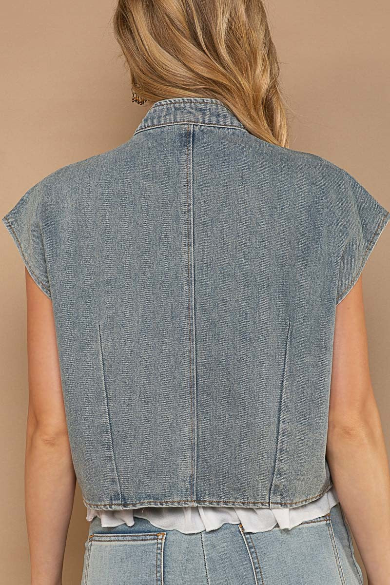 POL High Neck Zipper Front Zipper Detail Denim Vest Jacket