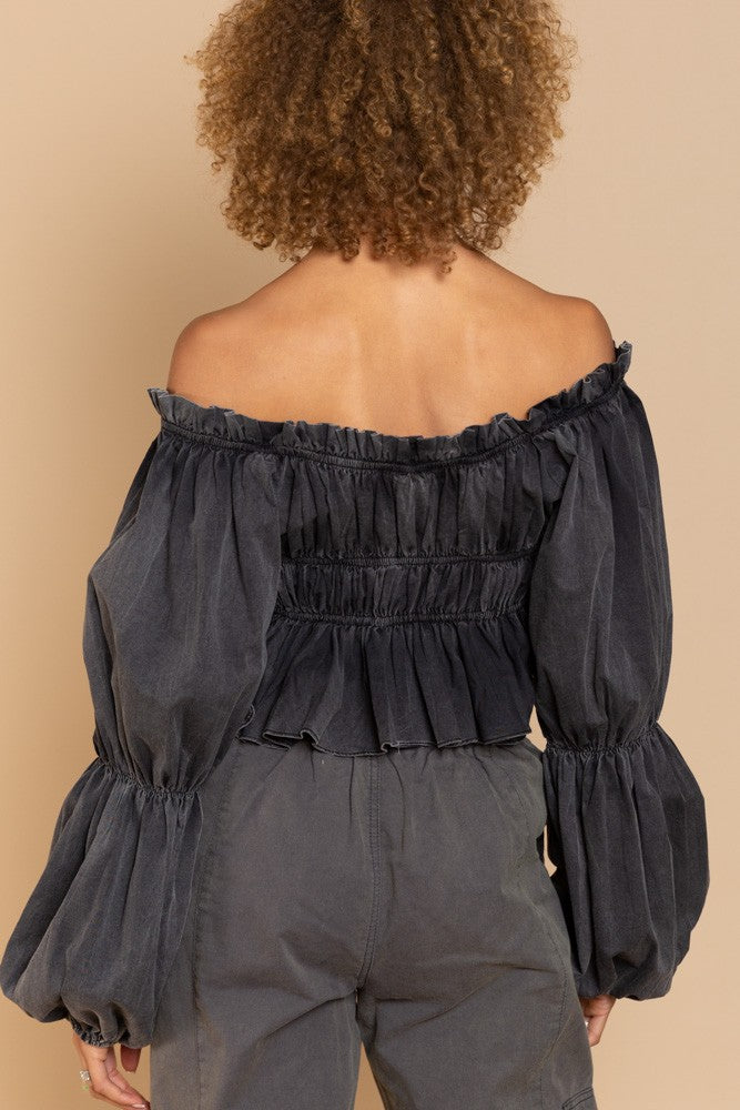POL Off-shoulder Crop Length Long Sleeve Poplin Ruffled Top