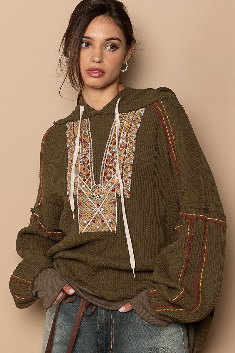 POL Oversized Embroidered Front Long Sleeve Top