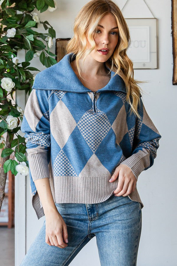 Oli & Hali Argyle Half Zip Up Pullover Sweater Top