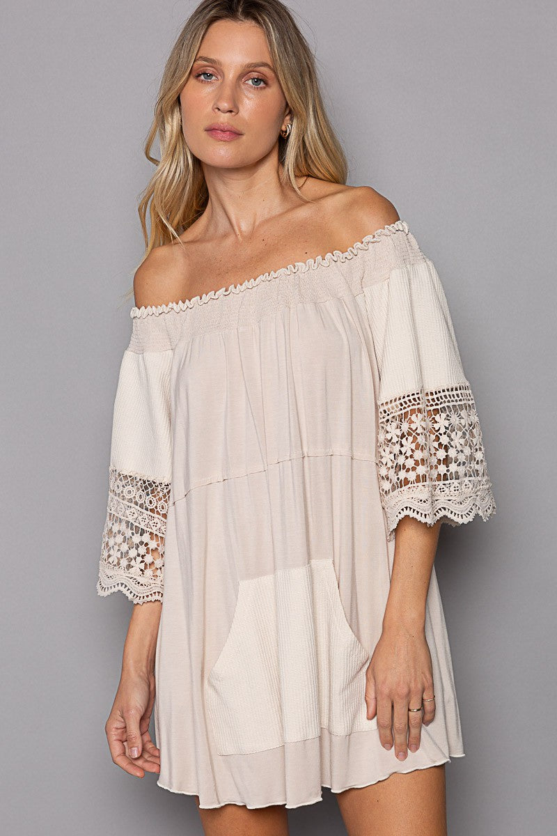 POL Off Shoulder Crochet Detail Short Sleeve Knit Top