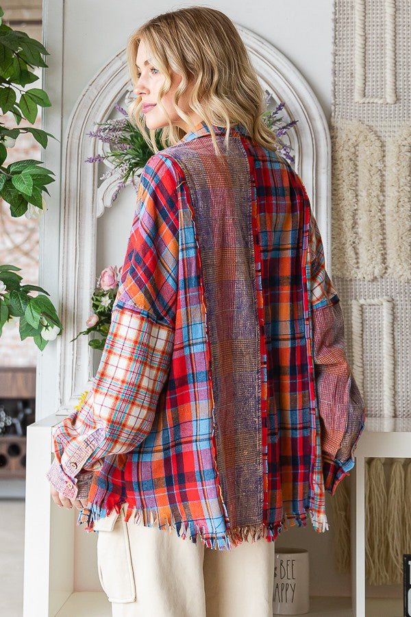 Oli & Hali Washed Plaid Mixed Buttondwon Shirt Jacket
